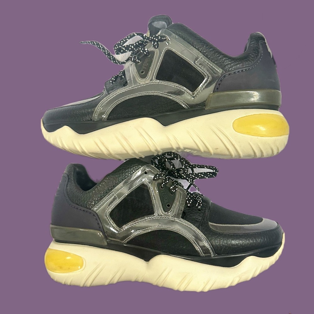 Fendi 3E6191 Women Chunky Platform Sneaker Black Purple Leather Mesh Bubble 36.5